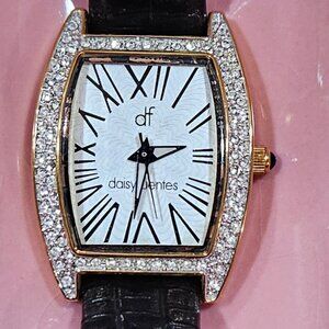 Daisy Fuentes Pave Crystal Rimmed White Face Oblong Watch Embossed Leather Strap